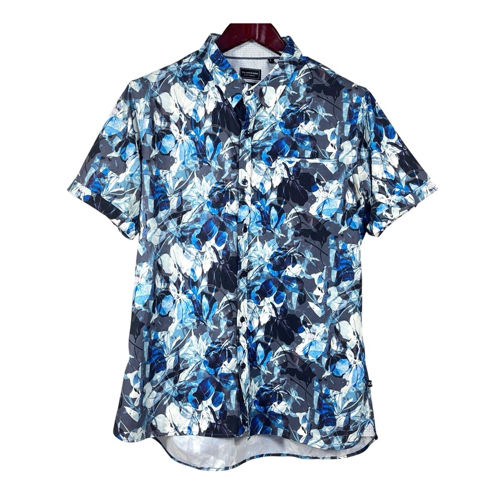 7 Diamonds 4 Way Stretch Monday Flowers Shirt Mens M Blue Tropical Button Up